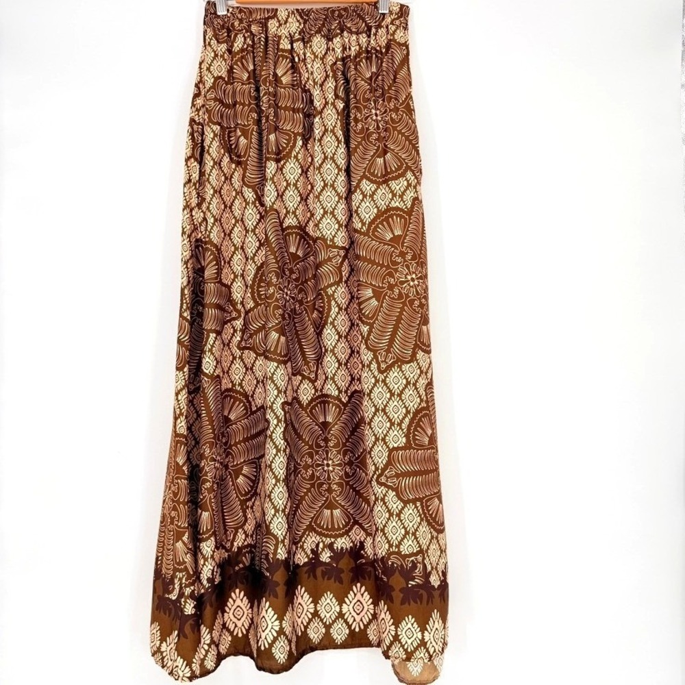 Scandal Italy Lanai-New Brown Cream Batik Maxi Skirt‎ Small Earthy Boho Coastal
